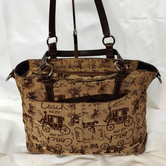 Coach Horse and Carriage Stagecoach Signature Purse cream and brown canvas - Picture 11 of 14